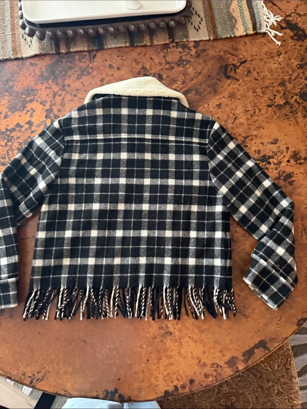 kate spade Black & White Plaid Sherpa Collar Fringe Jacket
